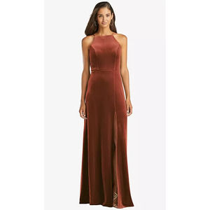 NEW! Lovely Size 0 Harper Lux Velvet Halter Maxi Dress Auburn $202 msrp I24-20